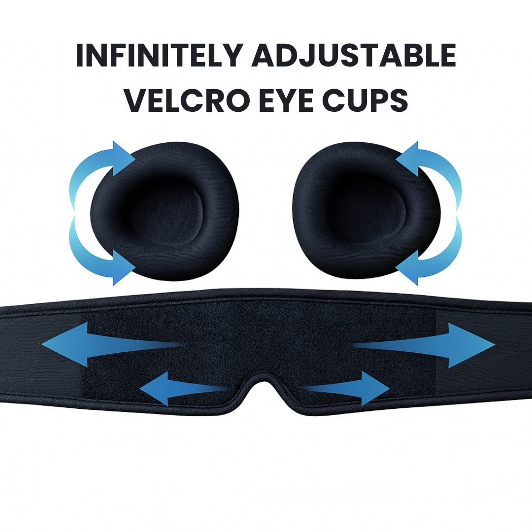Black eye mask with adjustable velcro eye cups on a white background