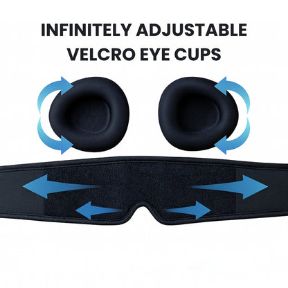 Black eye mask with adjustable velcro eye cups on a white background